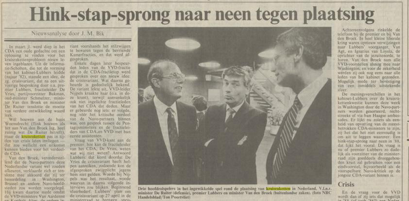 Analyse van J.M. Bik van het geworstel binnen het kabinet-Lubbers, NRC Handelsblad, 30 mei 1984 over de plaatsing van kruisraketten