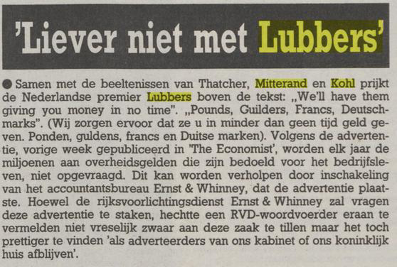 Lubbers in één adem genoemd met Kohl, Mitterand en Thatcher. in een